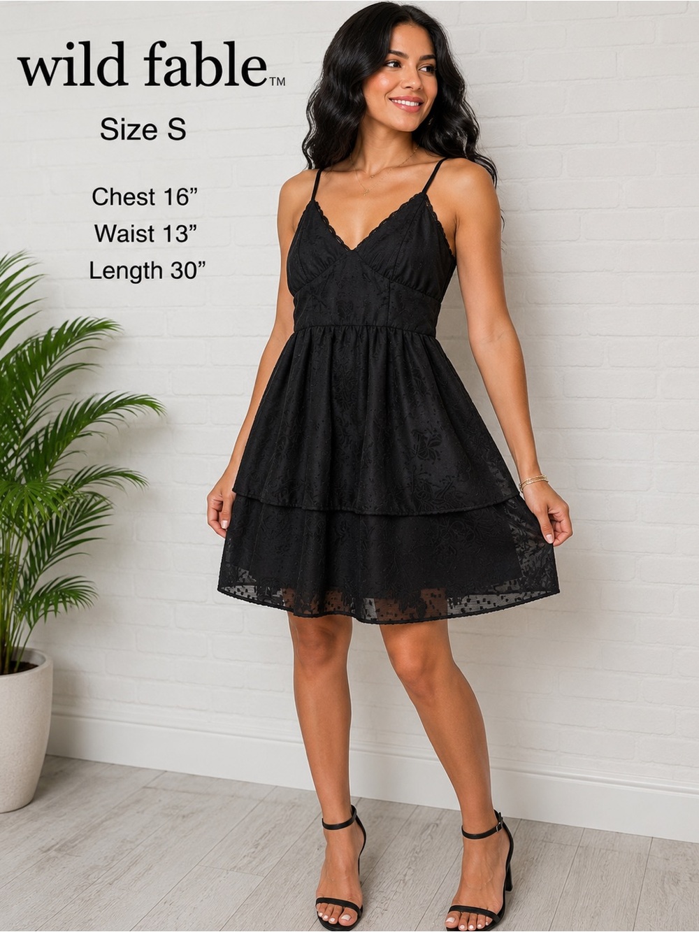 Wild Fable Black Tiered Babydoll Mini Dress Size S Floral Textured Sleeveless